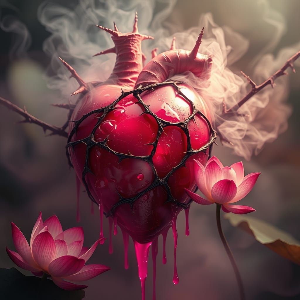 Heart Entwined with Thorns and Mist, Dripping Pink Liquid