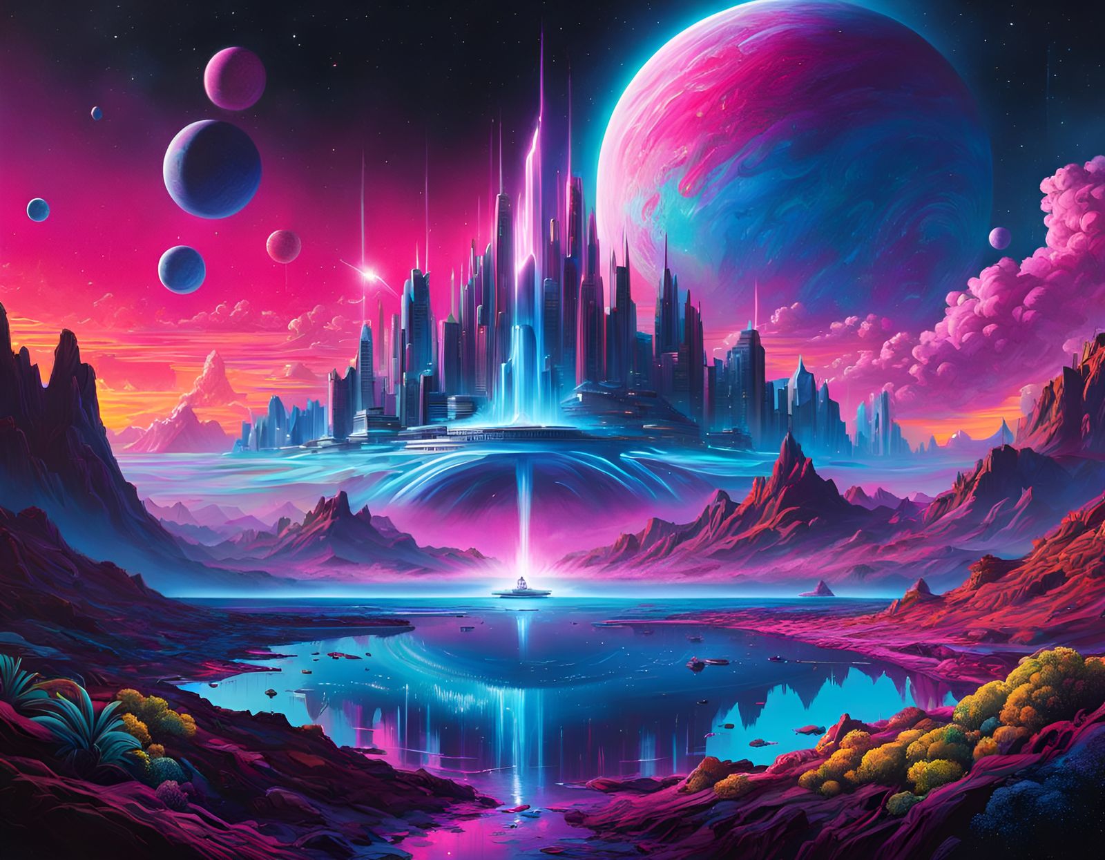 Cosmic Utopia in Synthwave Neon Retro Style