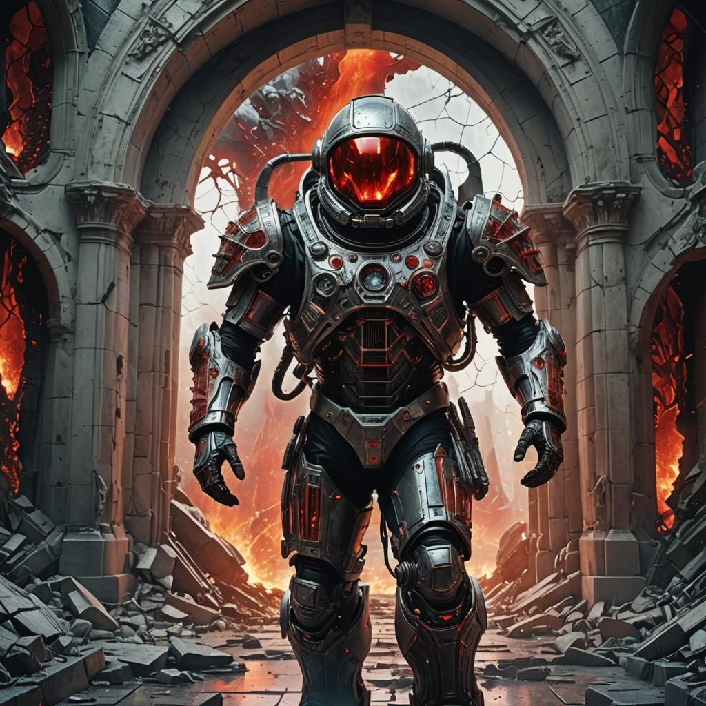 Biomechanical Astronaut in Fiery Stained Glass Armor