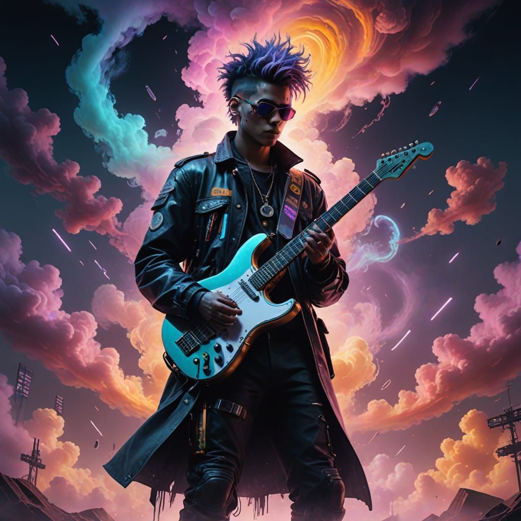 Cyberpunk Guitarist in Spectral Neon Mist