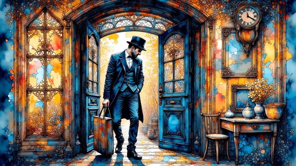 Gentleman Emerging from Doorway in Comic Book Style