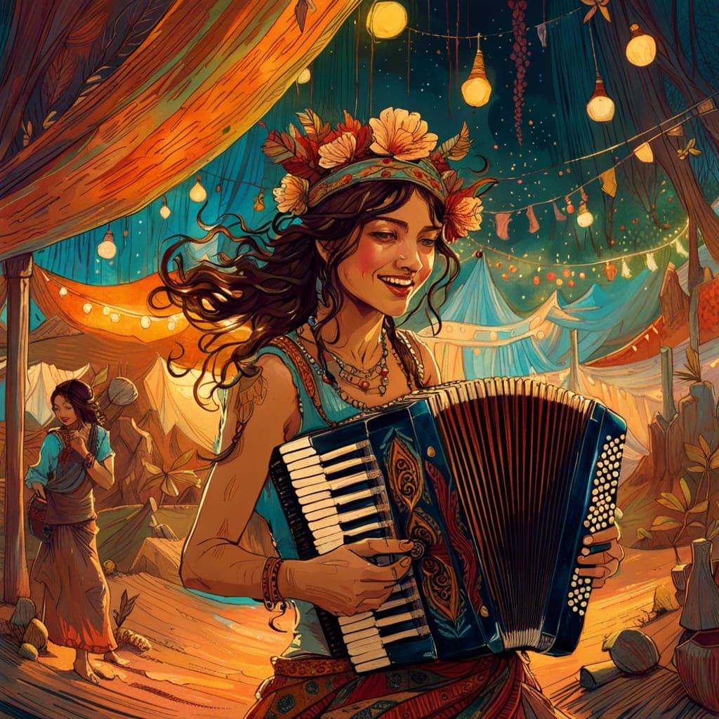 Cheerful Bohemian Girl Plays Accordion in Gypsy Camp