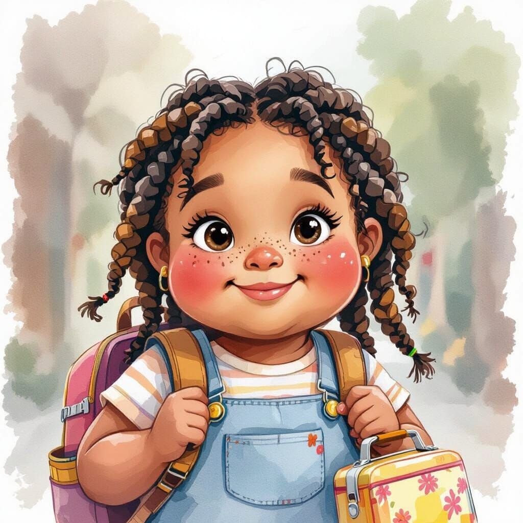 First Day Excitement: Watercolor Portrait of a Cheerful Girl