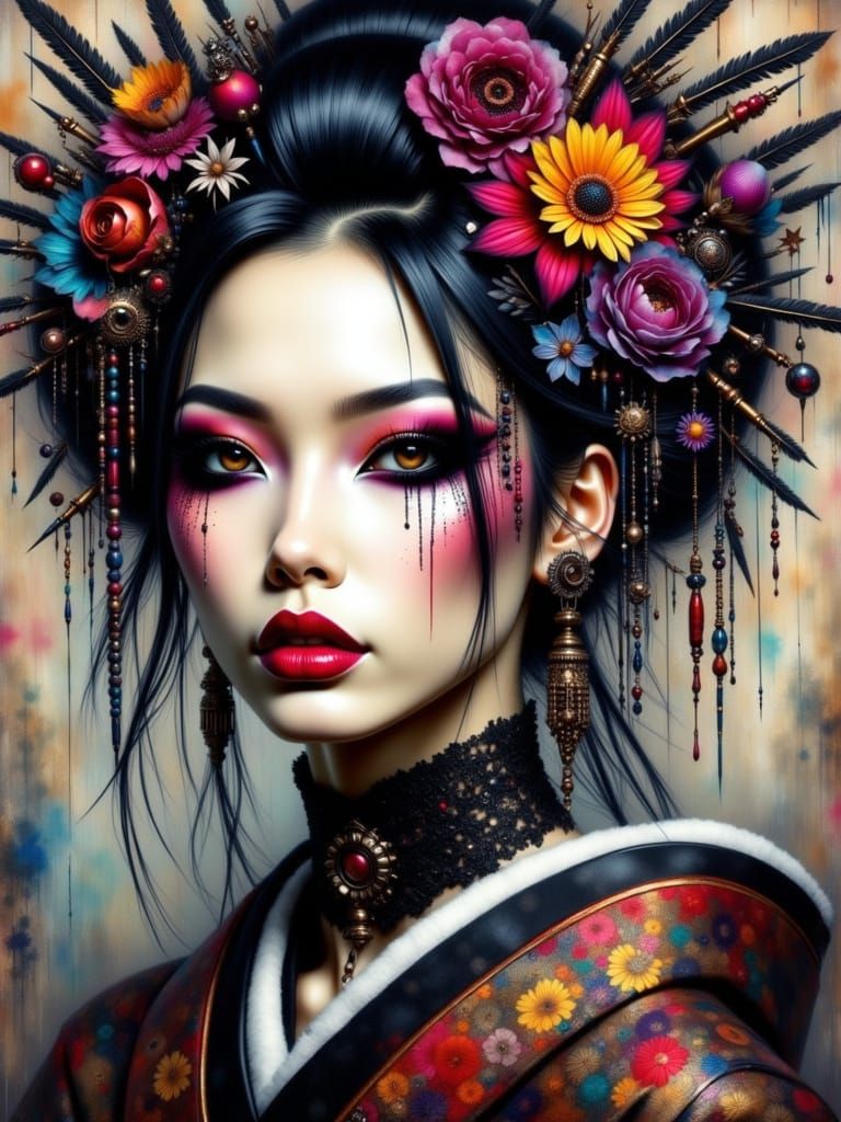 Colorful Gothcore Geisha Portrait with Punk and Gothic Eleme...
