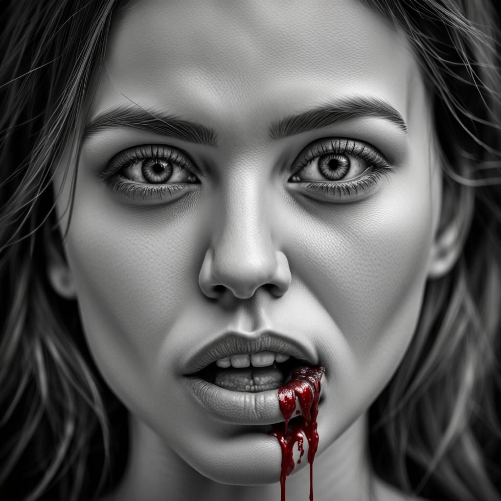 Monochrome Portrait of Woman Biting Lip