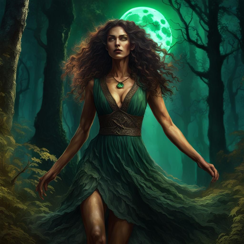 Nature Witch Dancing Under the Moon in Forest