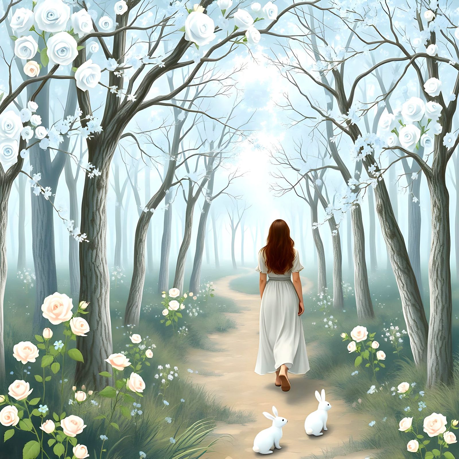 Pastel Forest with Light Blue Roses and Bunnies