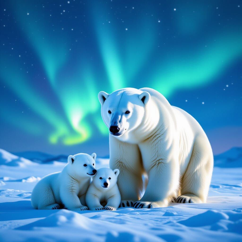 Polar Bear Family Under Northern Lights