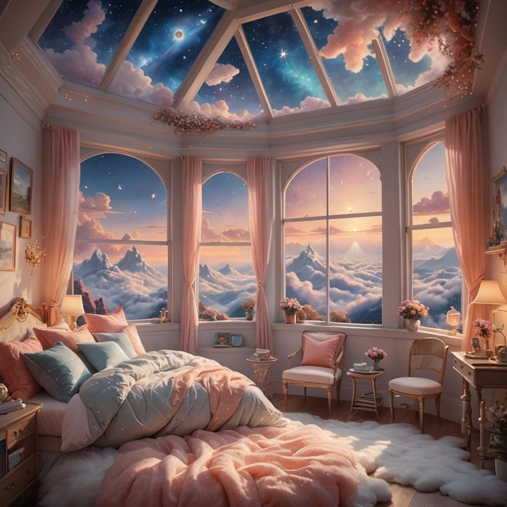 Fantasy Bedroom Above the Clouds in Painterly Style