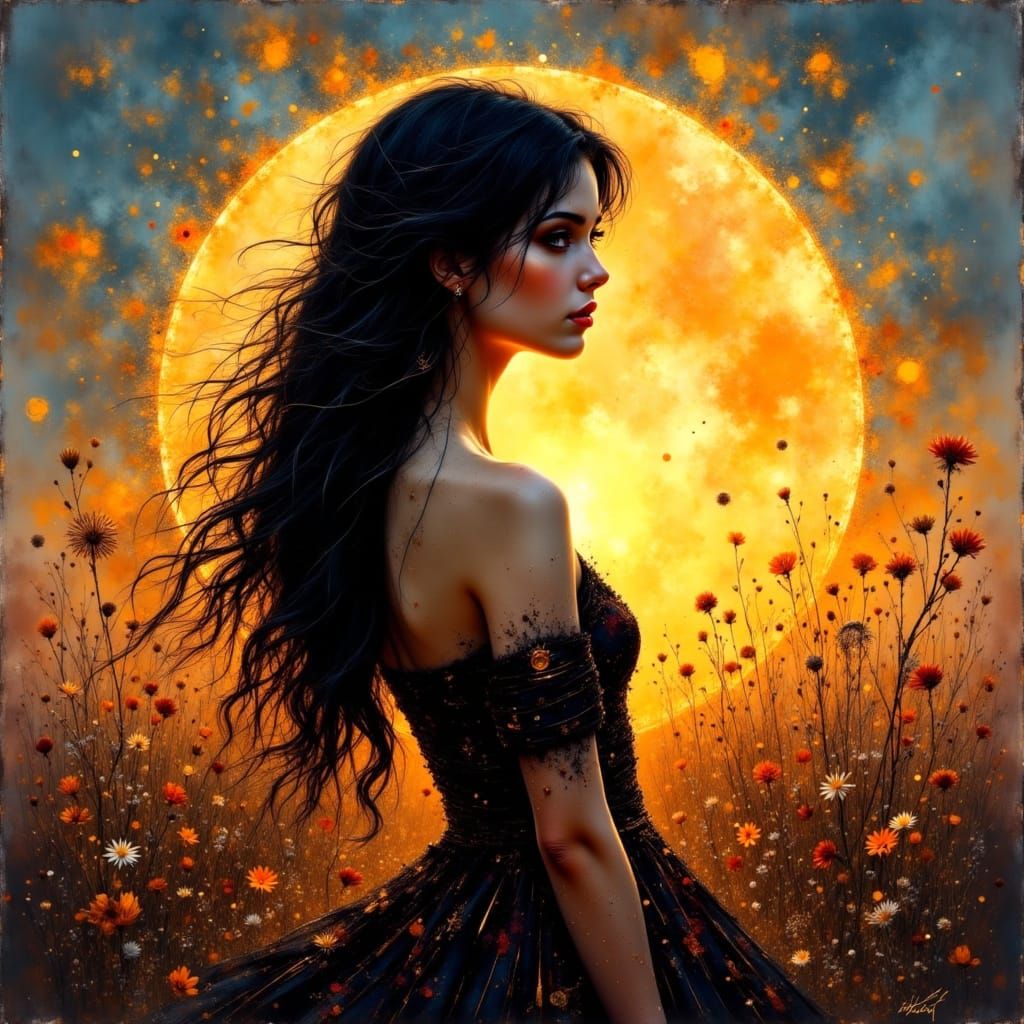 Ethereal Woman in Art Nouveau Sunset