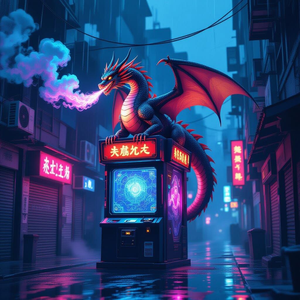 Cyberpunk Dragon on Arcade Cabinet in Neon Alley