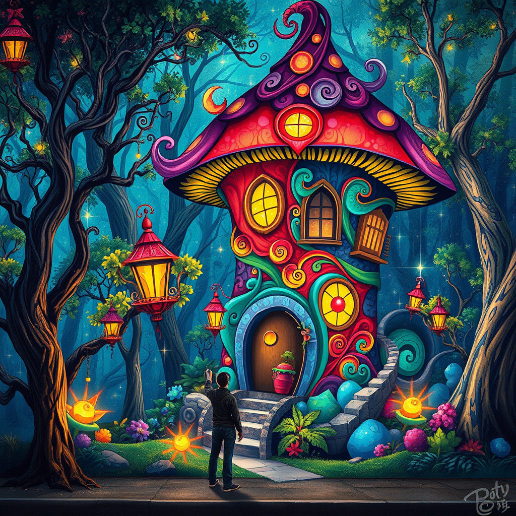 Fairy Mushroom House Mural in Bioluminescent Forest