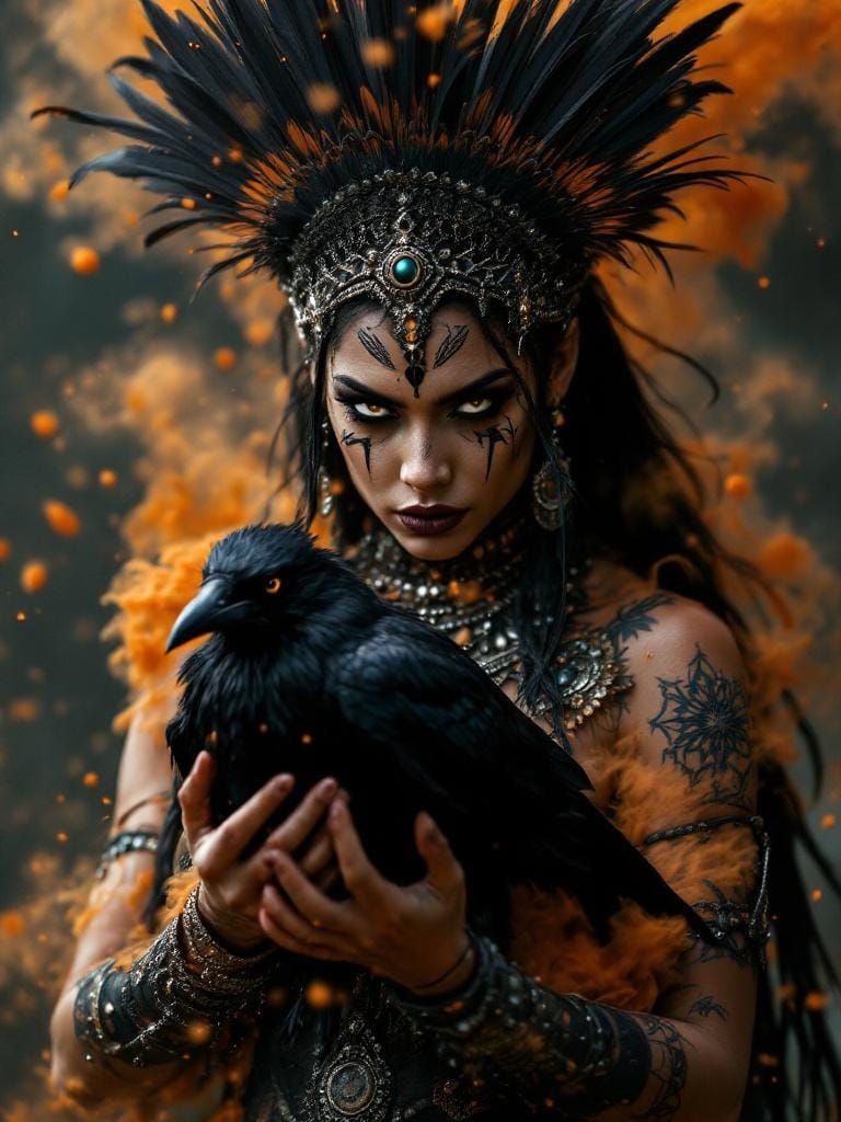 Tribal Priestess with Crow in Cinematic Portrait