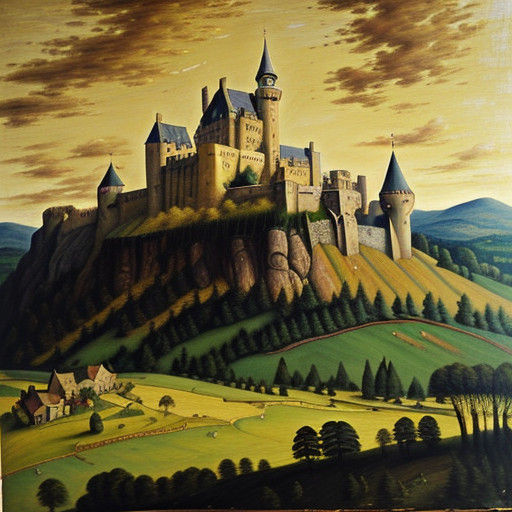 Castle in Golden Light: Traditional European Oil Painting