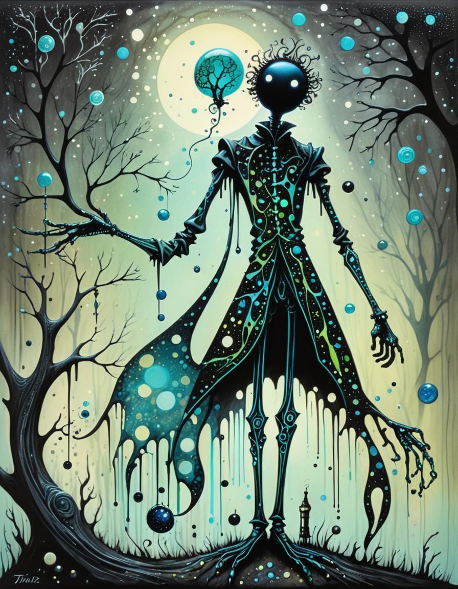 Bioluminescent Plague Doctor in Pointillist Style