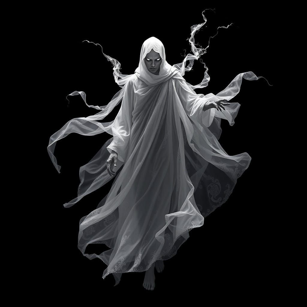 Ethereal Figure in Translucent Robes against Dark Background