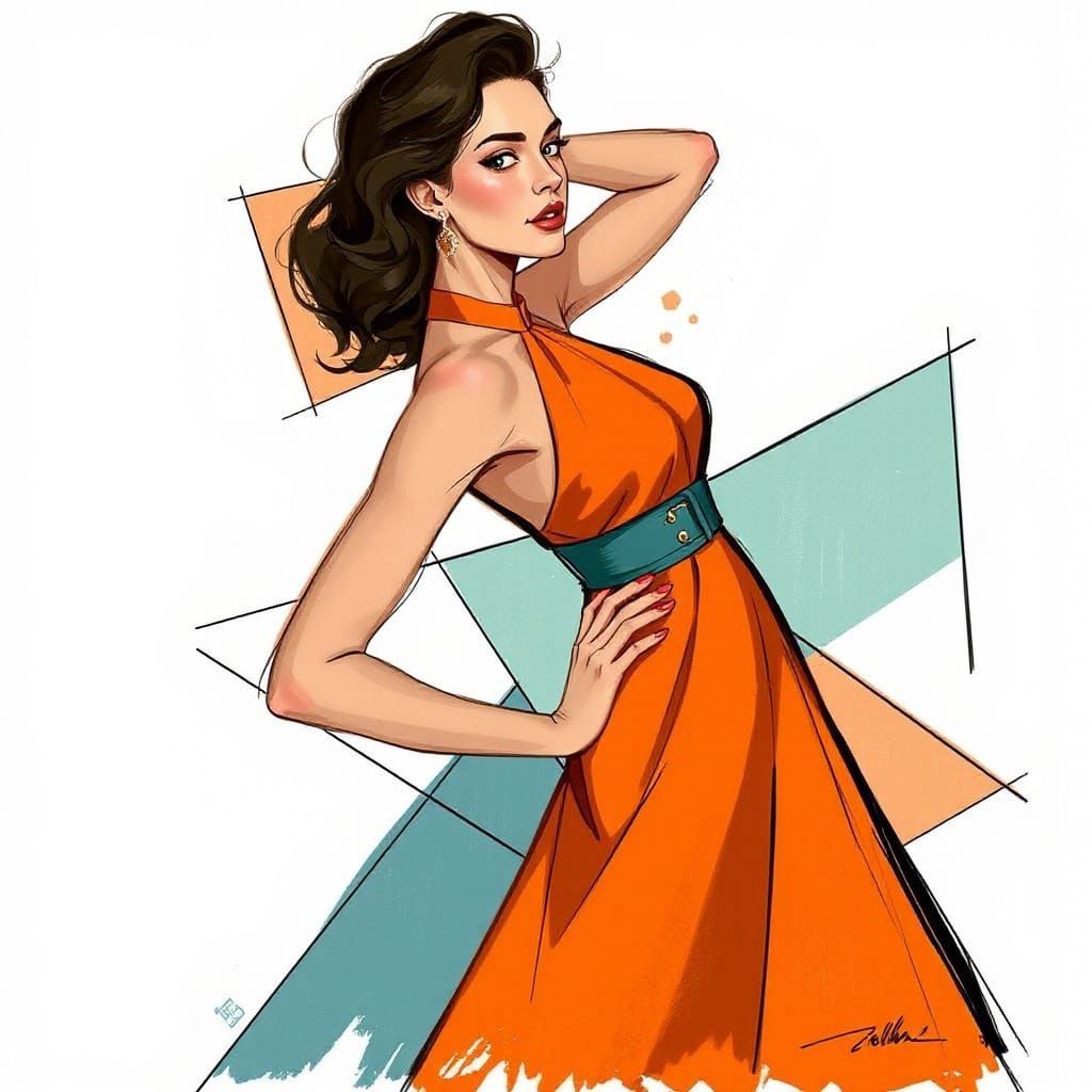 Woman in Orange Dress, Cubist Whimsical Style