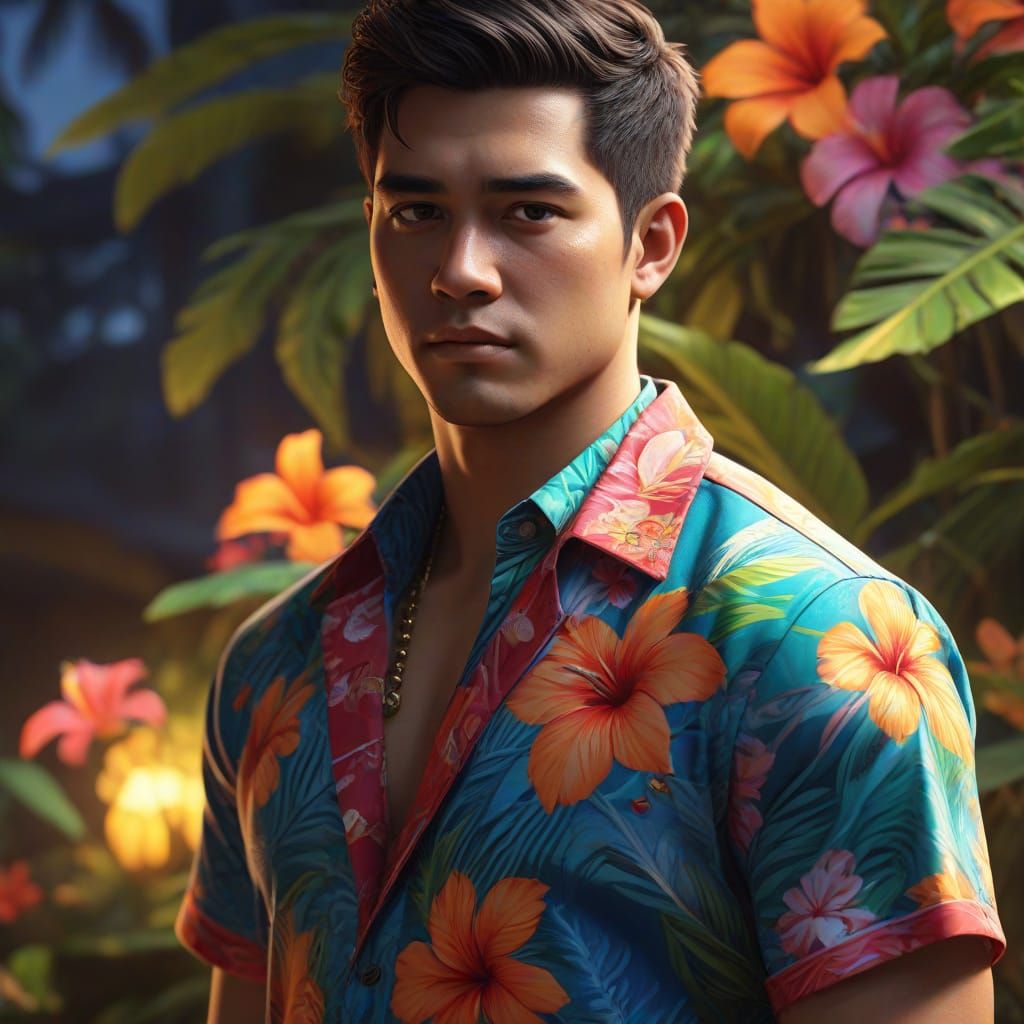 Person in Hawaiian Shirt: Vibrant Oil Painting
