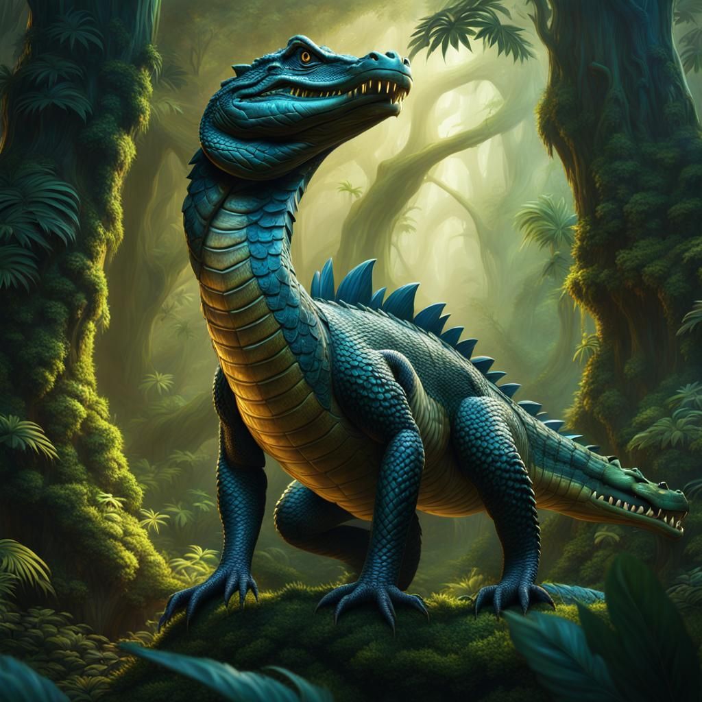 Snake-Crocodile Hybrid Creature in Fantasy Forest