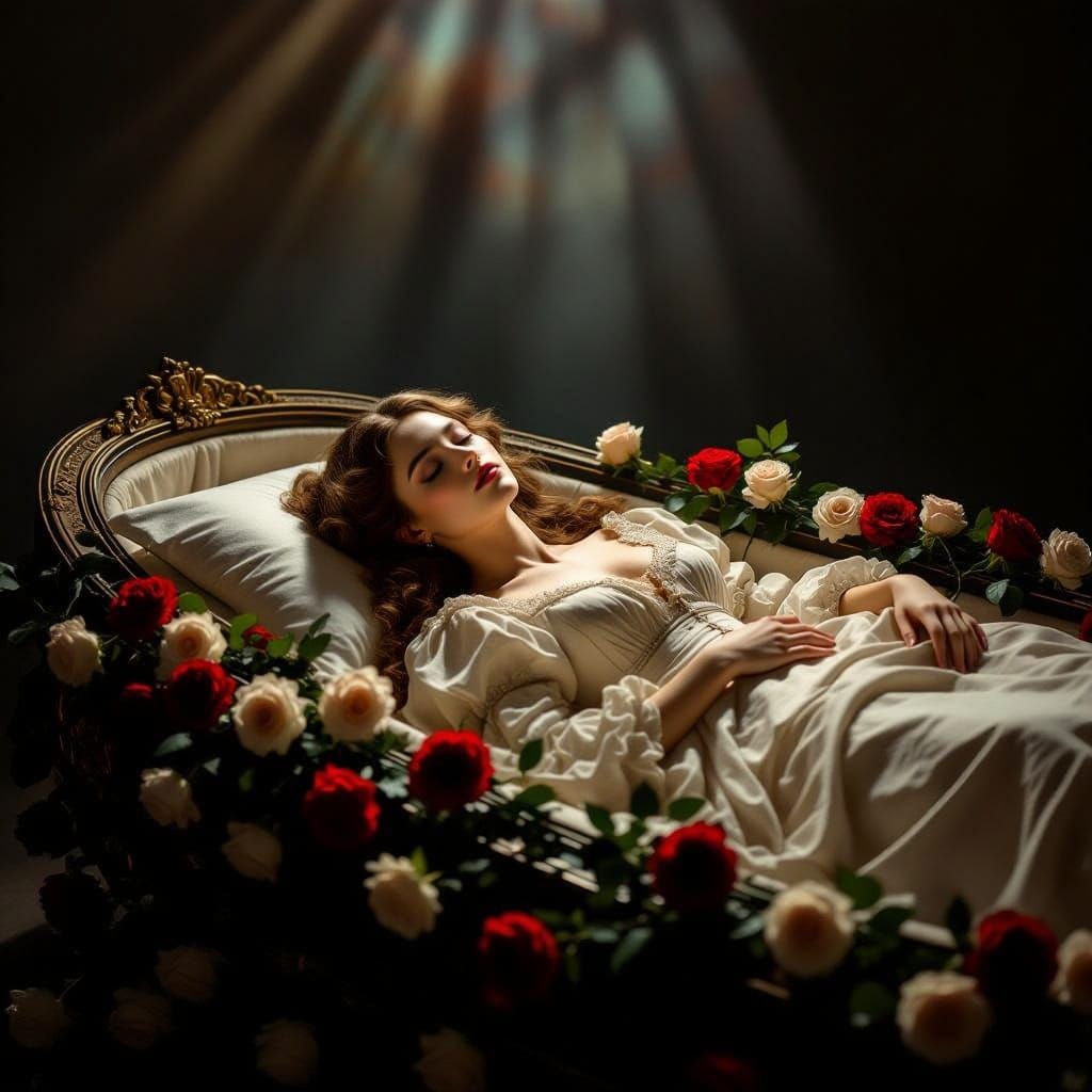 Serene Woman in Ornate Coffin with Ethereal Light