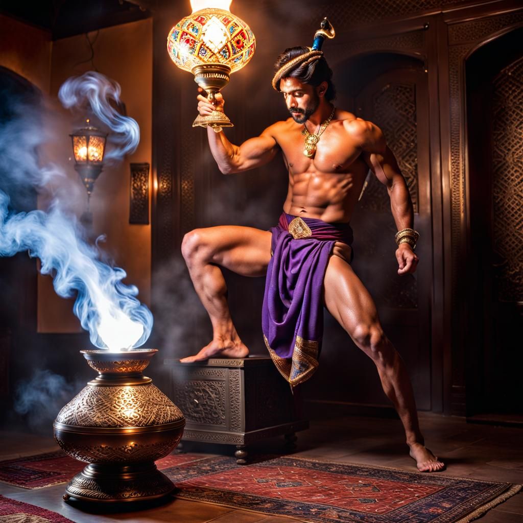 Male Genie Emerges from Lamp: Hyperrealistic 8K Photo