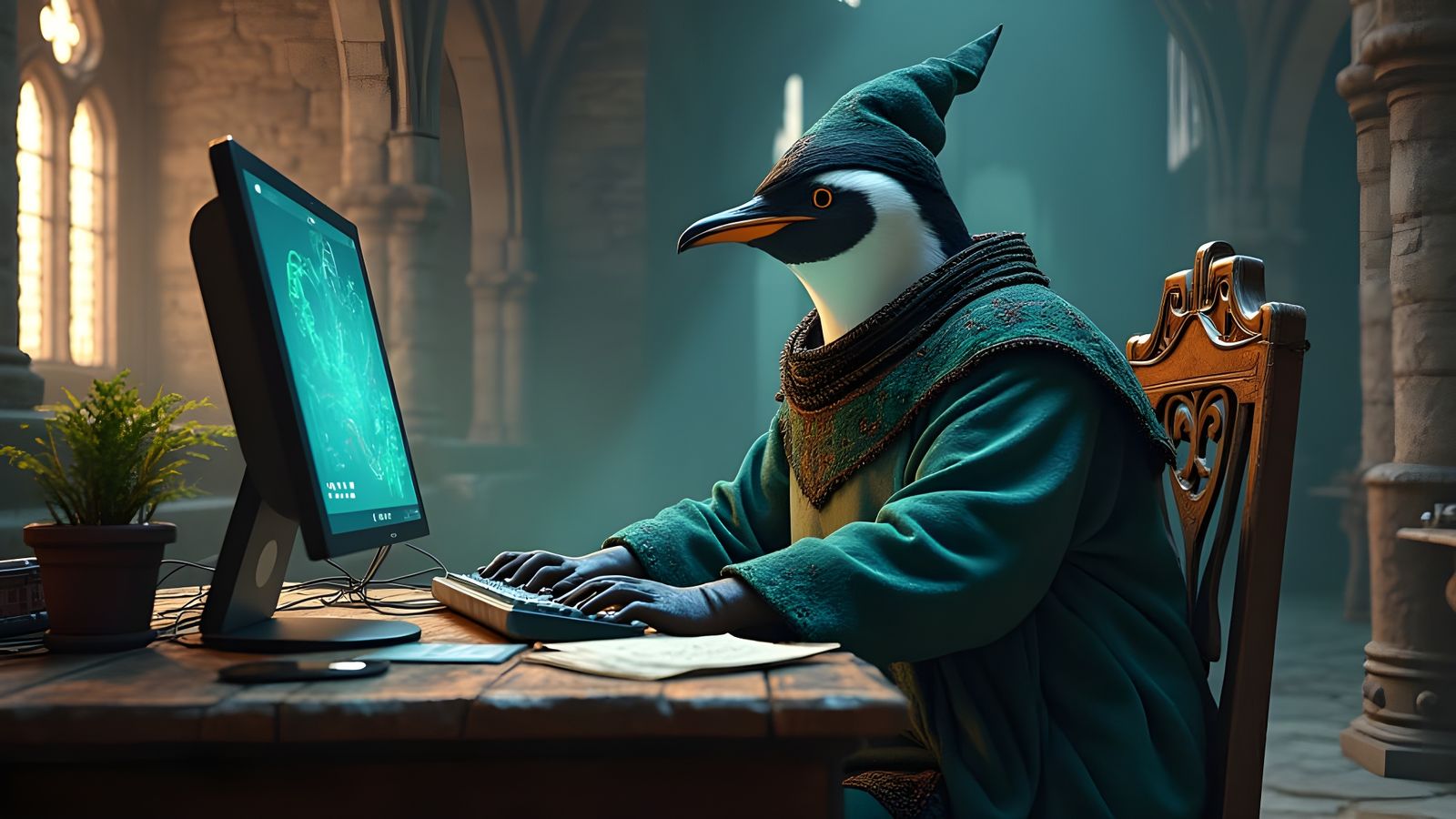 Fantastical Penguin Wizard Typing in Medieval Castle