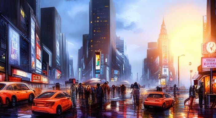 Cyberpunk Cityscape at Rainy Night with Giant Moon