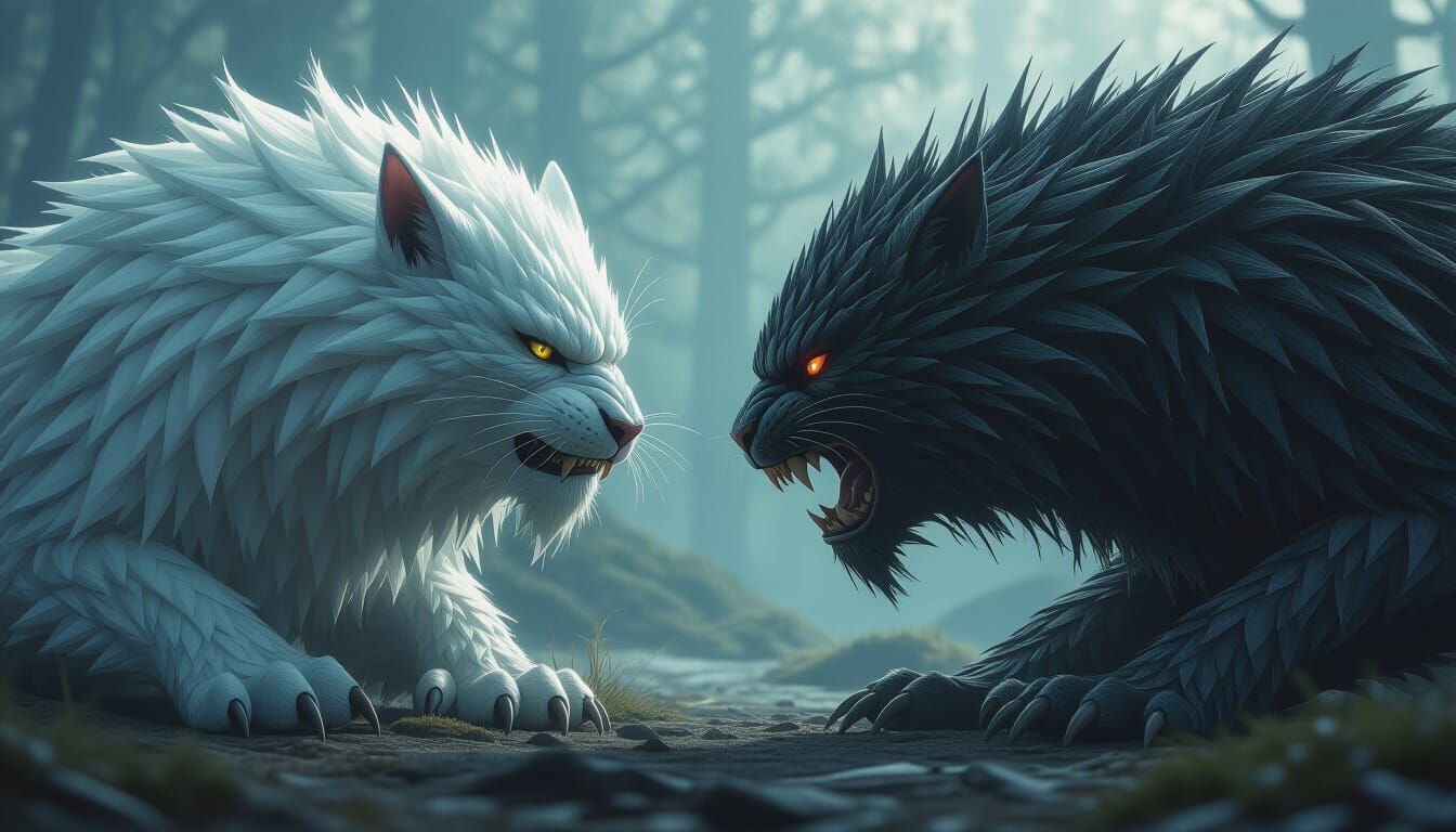 Dual Nature Creature in Hyperrealistic Scene