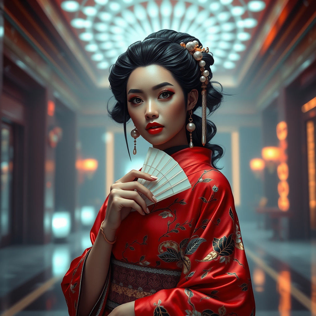 Vedic Woman in Cyberpunk Hotel Lobby as Digital Art