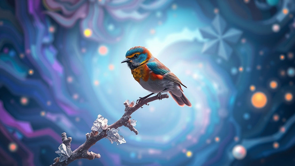 Iridescent Luckybird on Crystal Branch: Dreamlike Matte Pain...