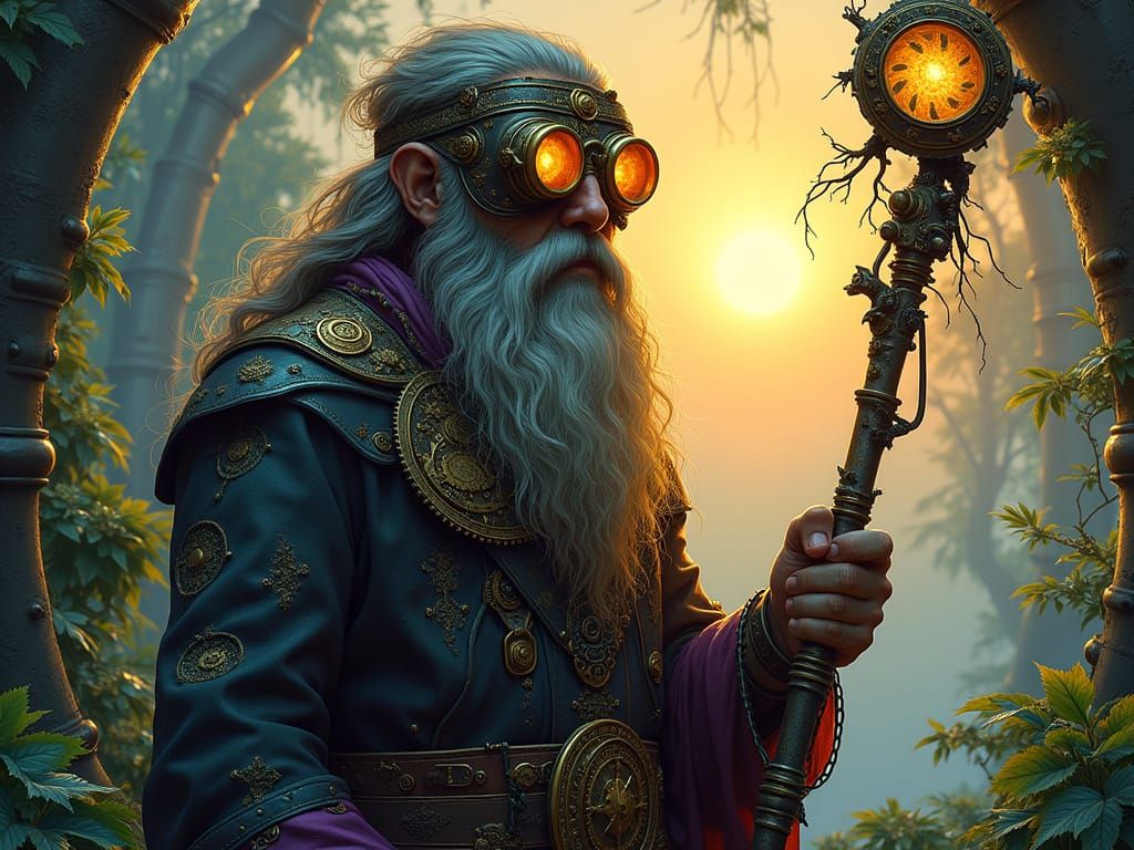 Steampunk Druid with Clockwork Embellishments in Epic Fantas...
