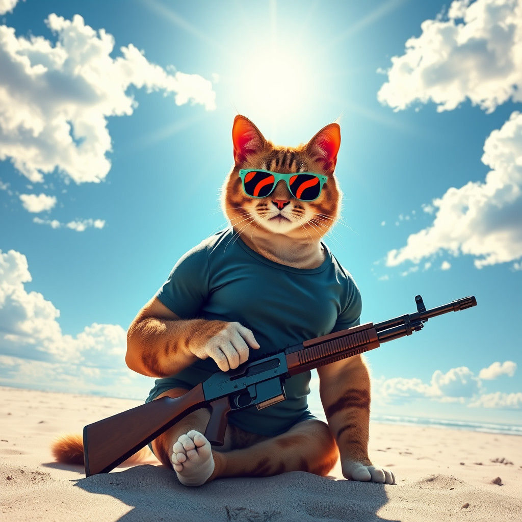 Muscular Cat Posing on Beach in Pop Art Style