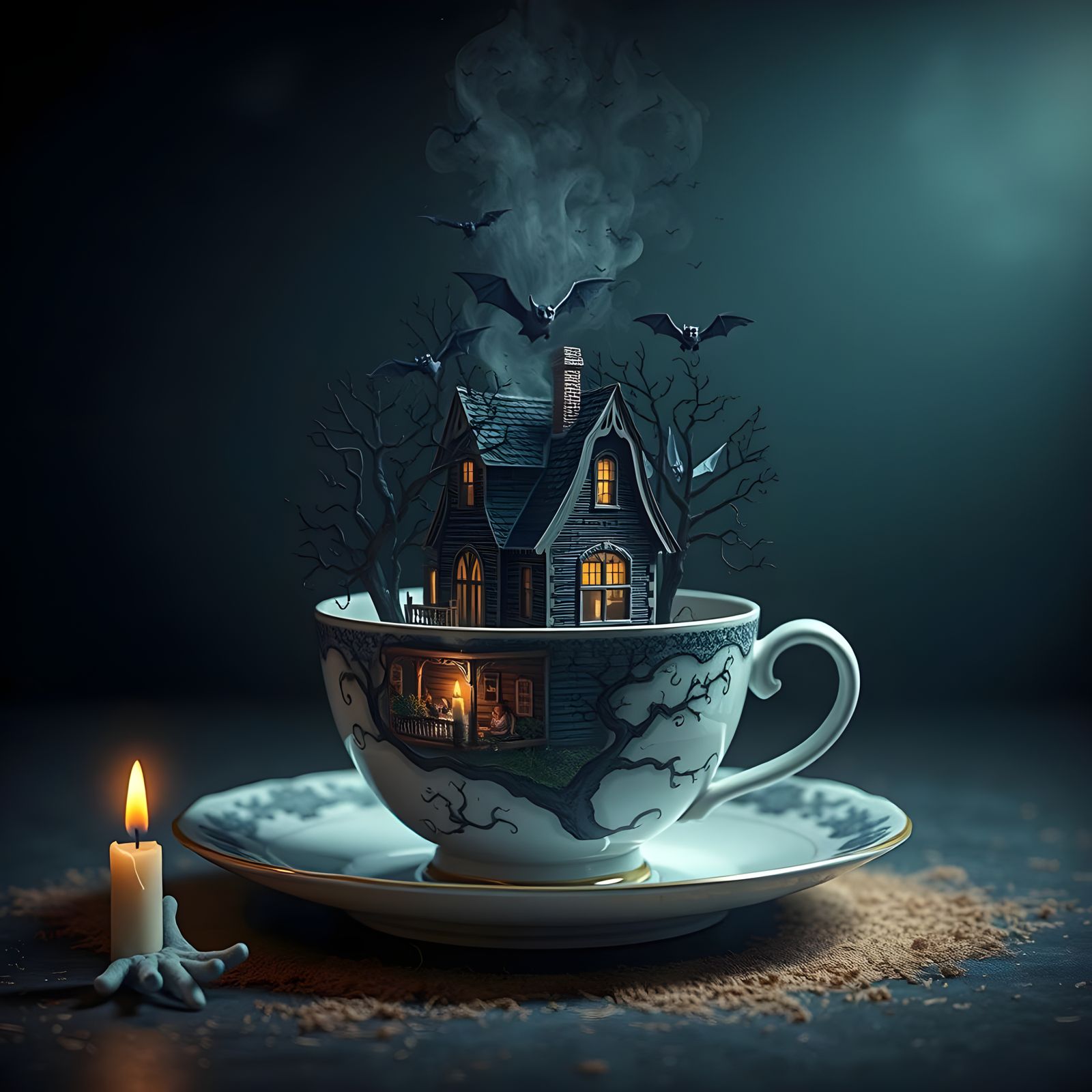 Addams Family House Inside Teacup, 3D Rendering