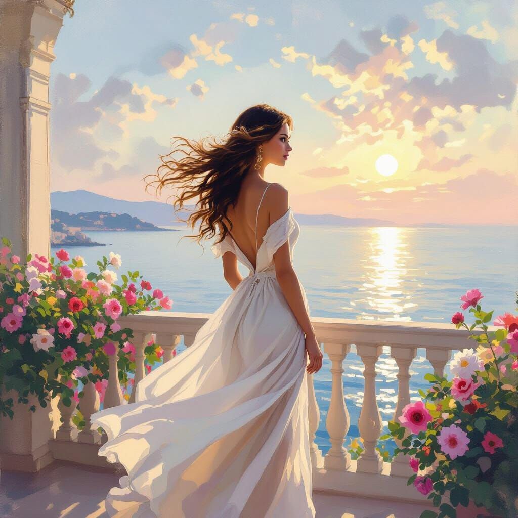 Balcony Woman in Impressionist Style