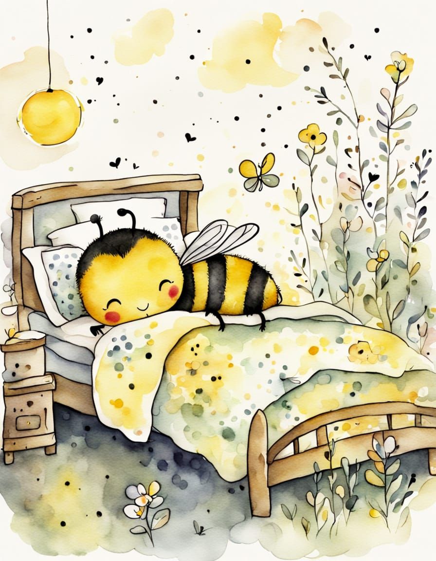 Cute Bumblebee Snuggles in Bed, Watercolor Style