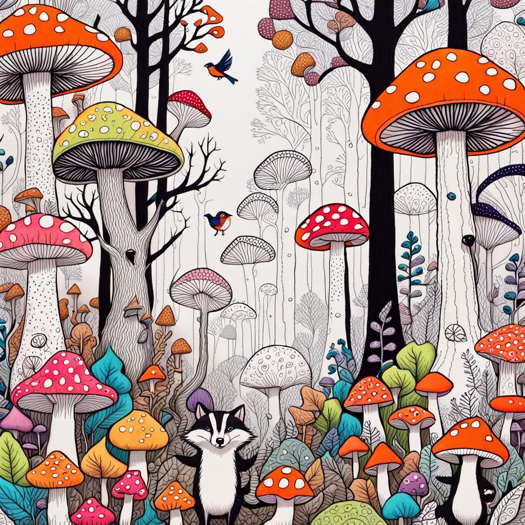 Whimsical Forest Scene in Doodle Art Style