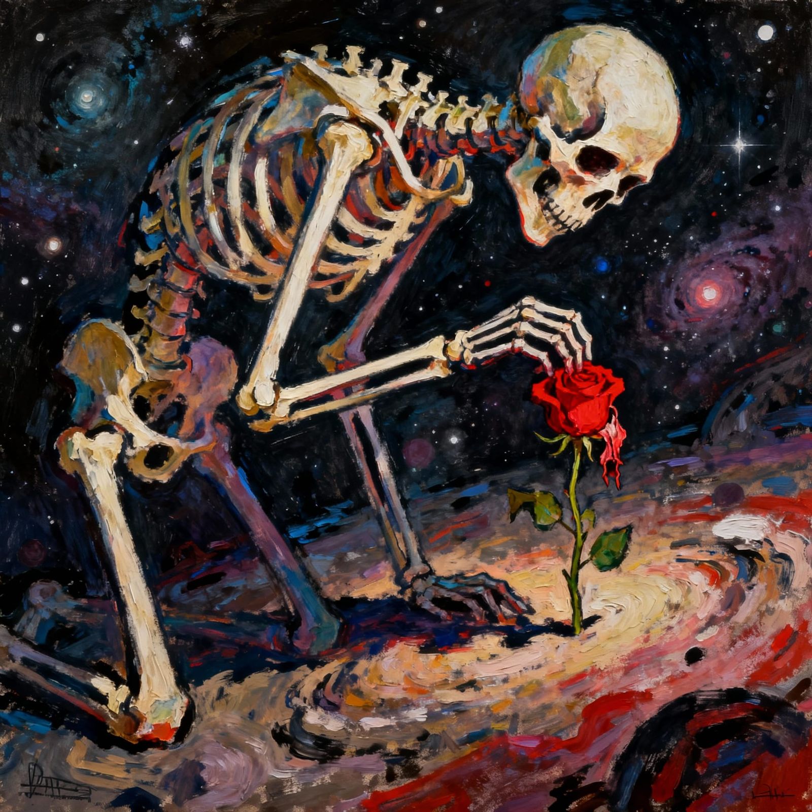 Skeletal Figure Tends Rose in Cosmic Void Painting