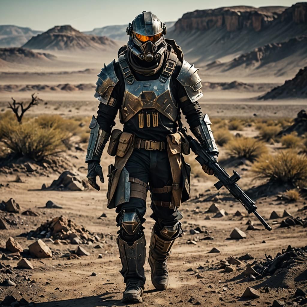 Wasteland Scavenger in Barren Landscape: Digital Art