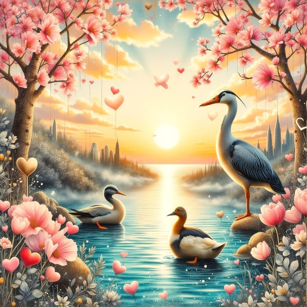 Whimsical Sunrise Scene with Pastel Hues and Water Elements