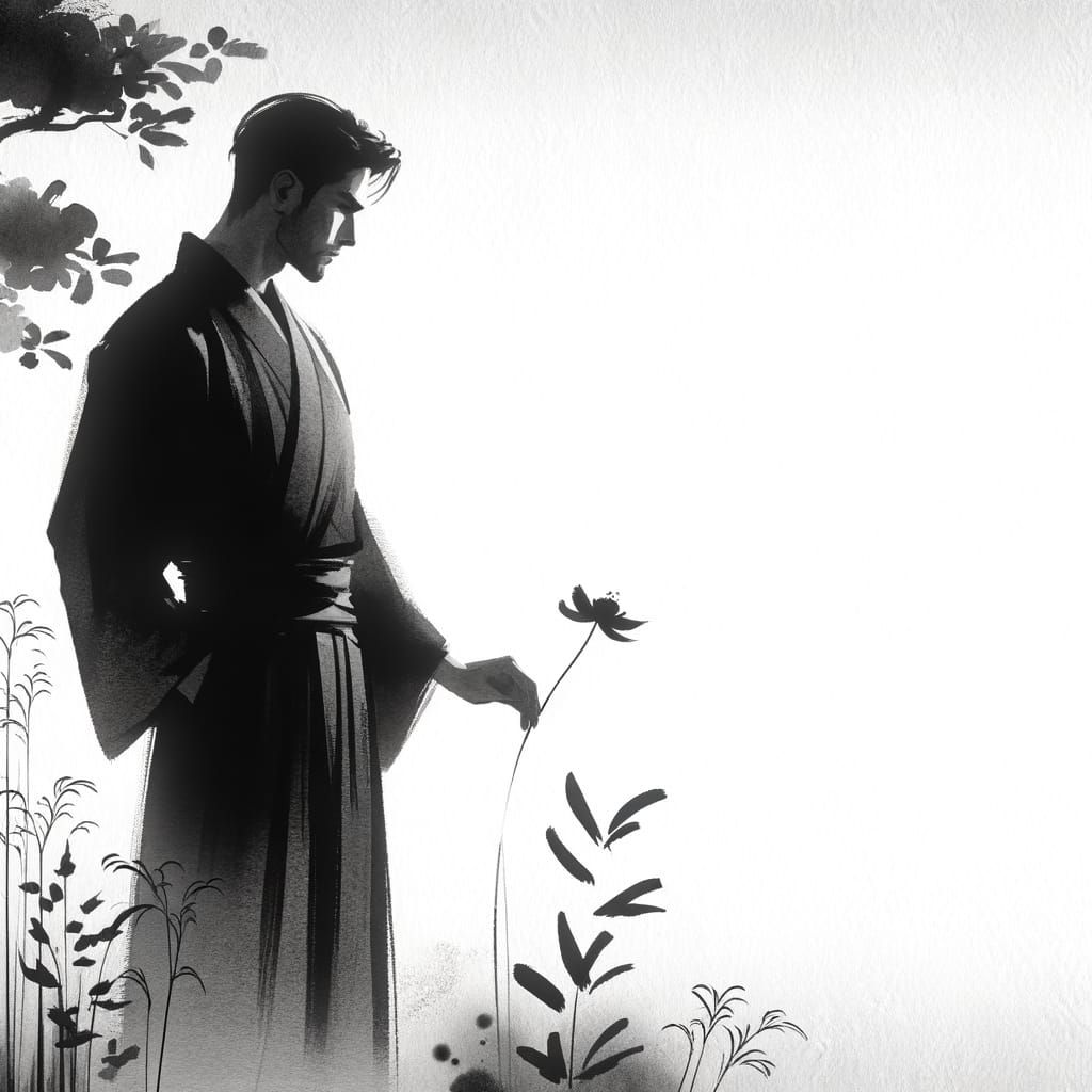 Contemplative Man in Japanese Garden - Sumi-e Style