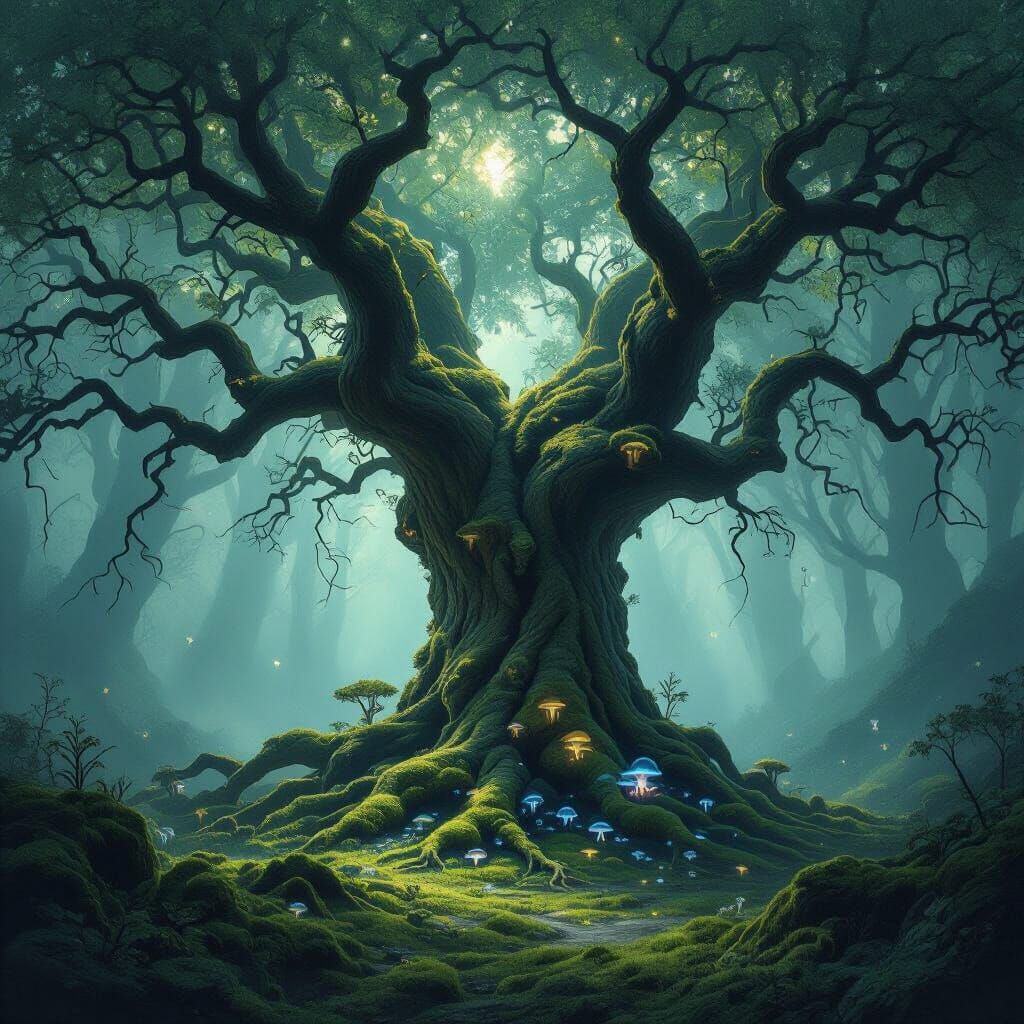 Ancient Gnarled Oak in Misty Ethereal Forest Clearing
