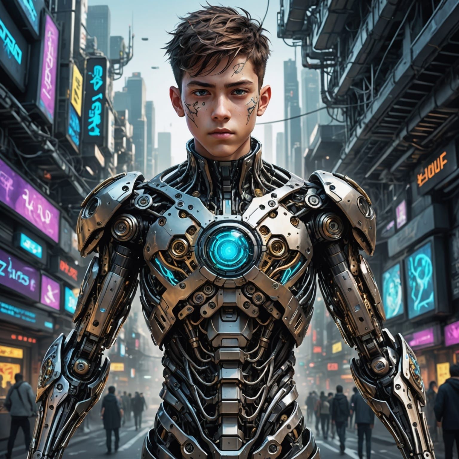 Cyberpunk Anime Boy with Biomechanical Arms