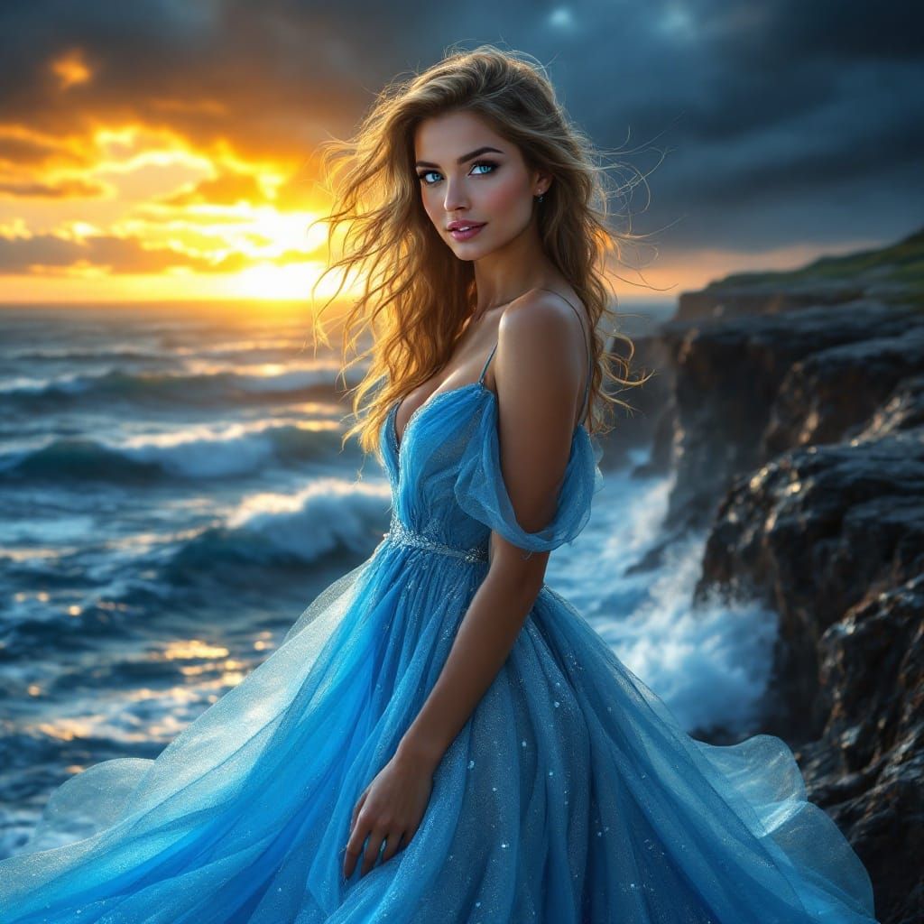 Confident Beauty Embracing Stormy Seas in Sunset Glow