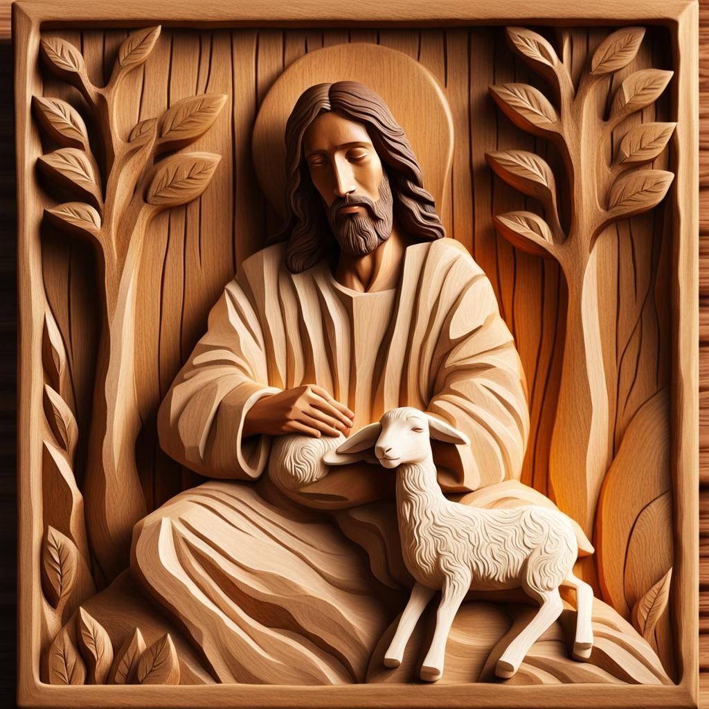 Sacred Wood Carving of Jesus with Lamb