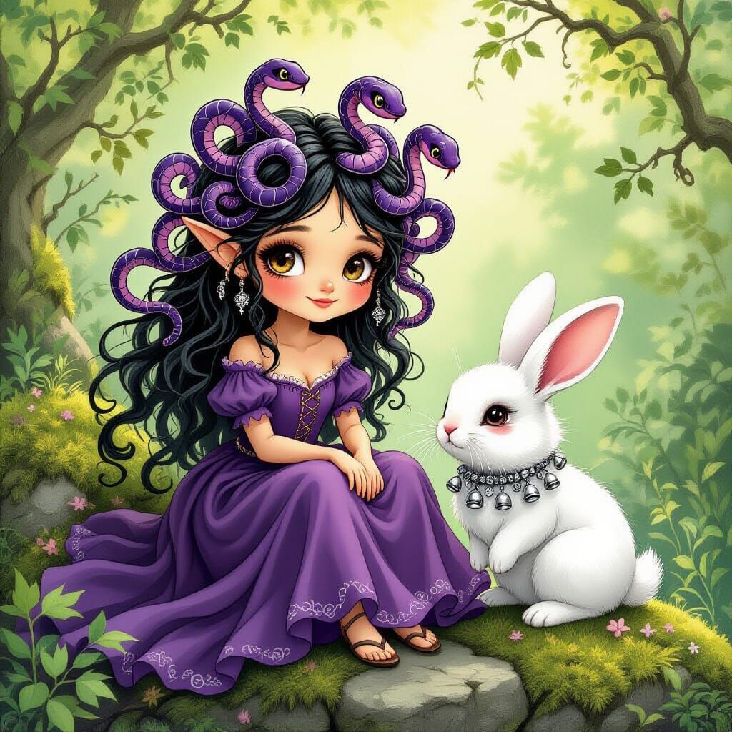 Gorgon and Bunny in Whimsical Fantasy Illustration