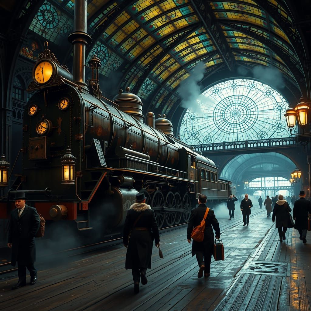 Steampunk Train at Victorian Station in Film Noir Style
