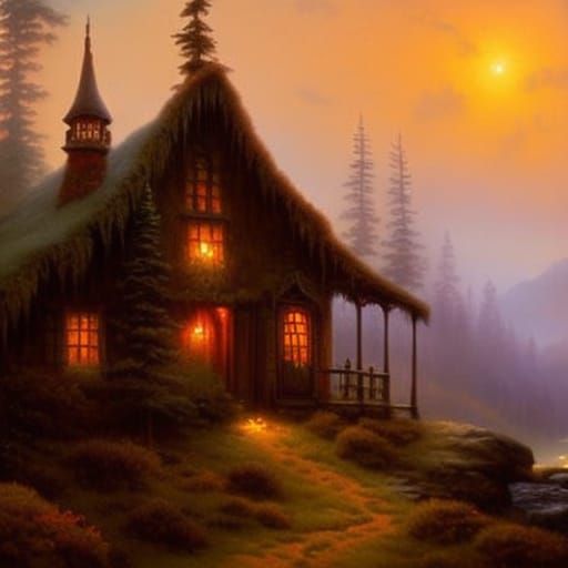 Ethereal Witch's Cabin in Misty Woods