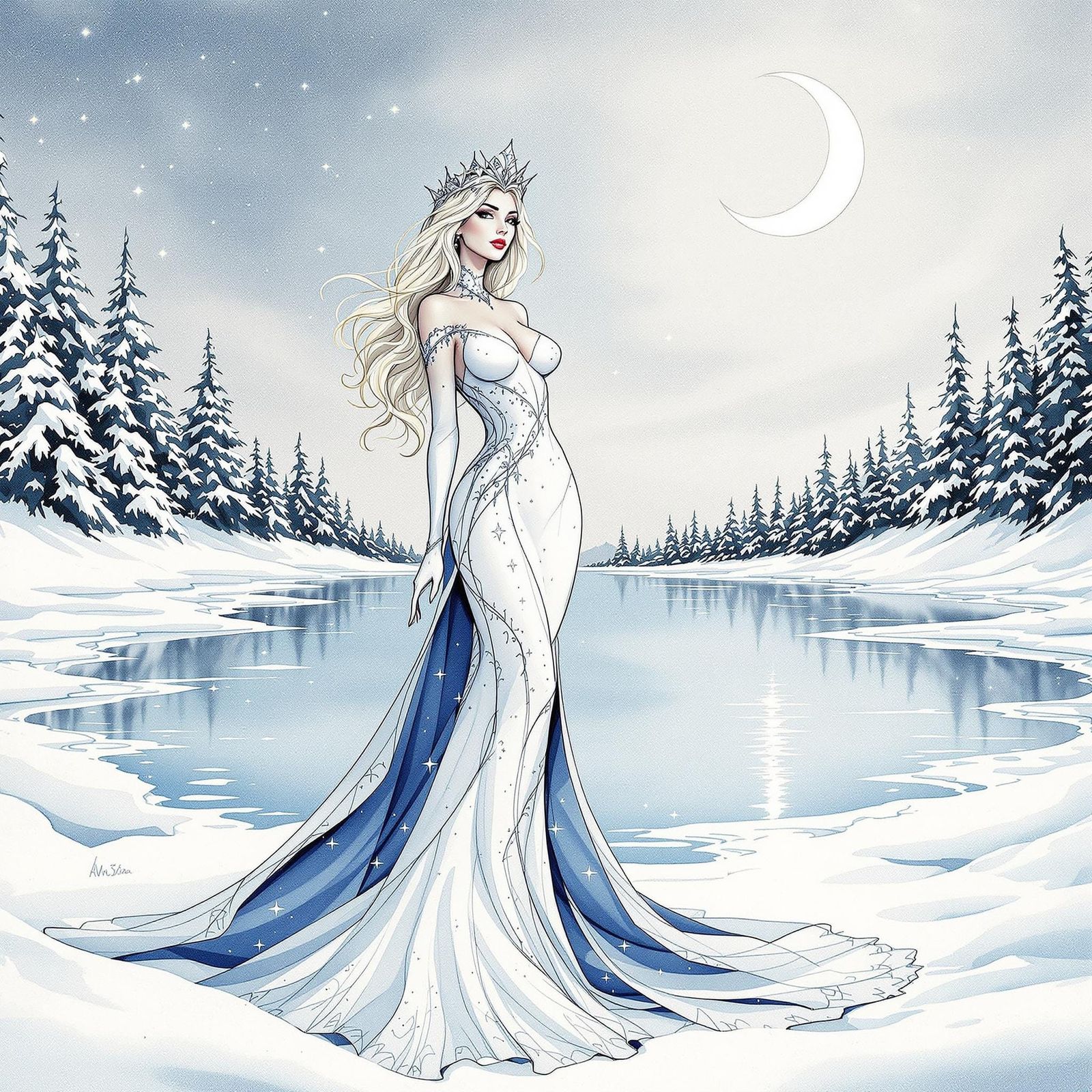 Ethereal Snow Queen in Aquarelle and Ink