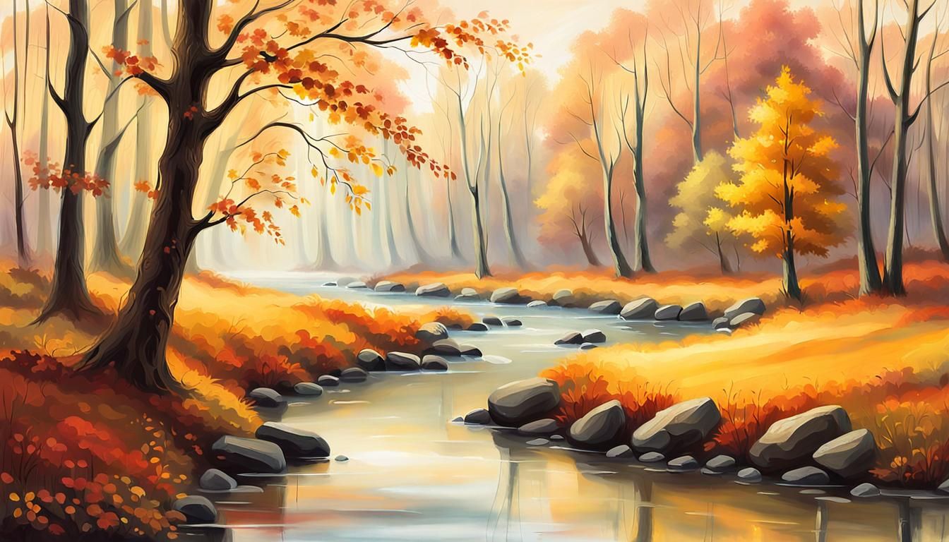Autumnal Misty Landscape Painting by Stream