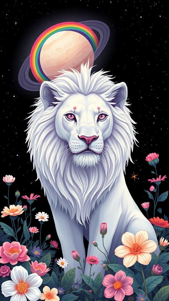 Regal Lion in Vibrant Celestial Garden